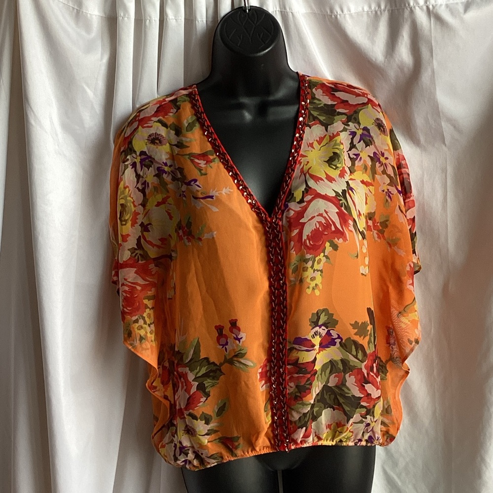 Free People Vibrant Floral Orange Sheer Blouse